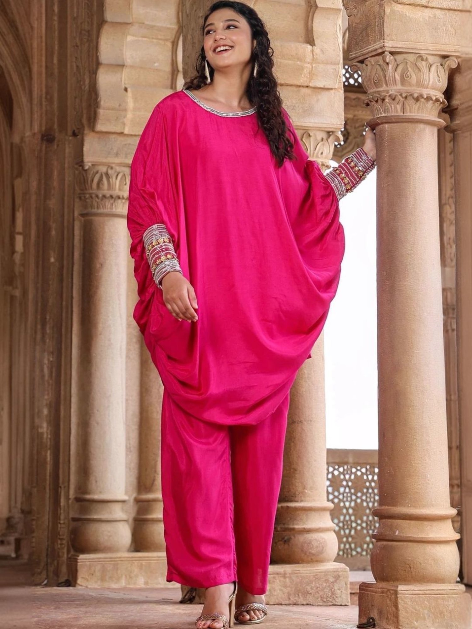 Scakhi Pink Muslin Silk Poncho Co-Ord Set With Trouser And Camisole