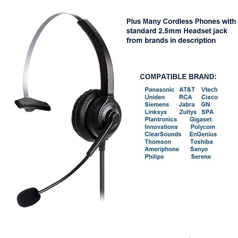 25mm Telephone Headset Monaural with Noise Cancelling Microphone for DECT ATampT ML17929 Vtech Panasonic KXT7630 Polycom Clarity XLC34 Office IP and Cordless Dect PhonesT10