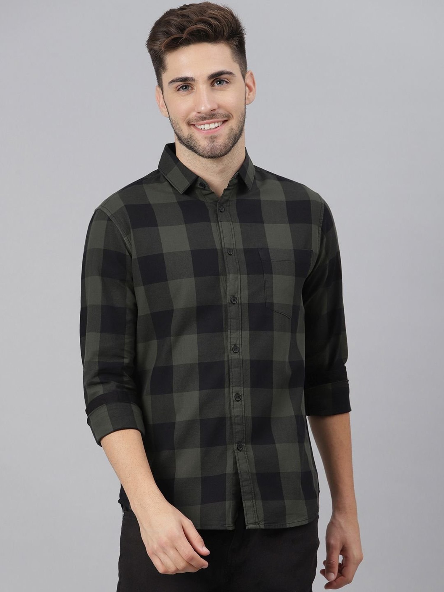 Dennis Lingo Olive & Black Cotton Slim Fit Checks Shirt