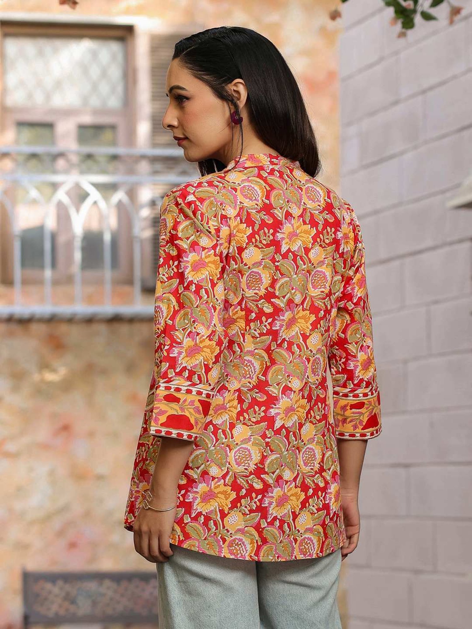 Rain and Rainbow Yellow & Red Cotton Embellished Top