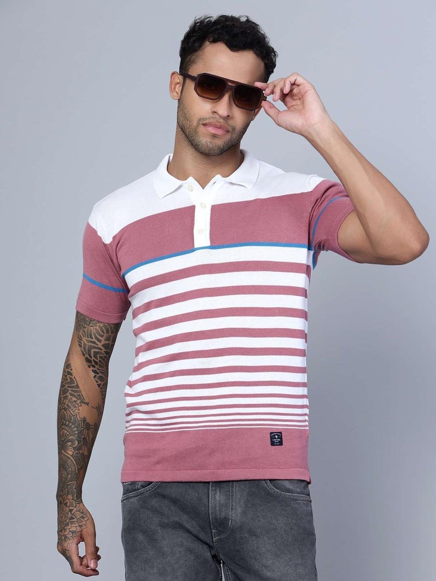 Cantabil White Cotton Regular Fit Striped Polo T-Shirt