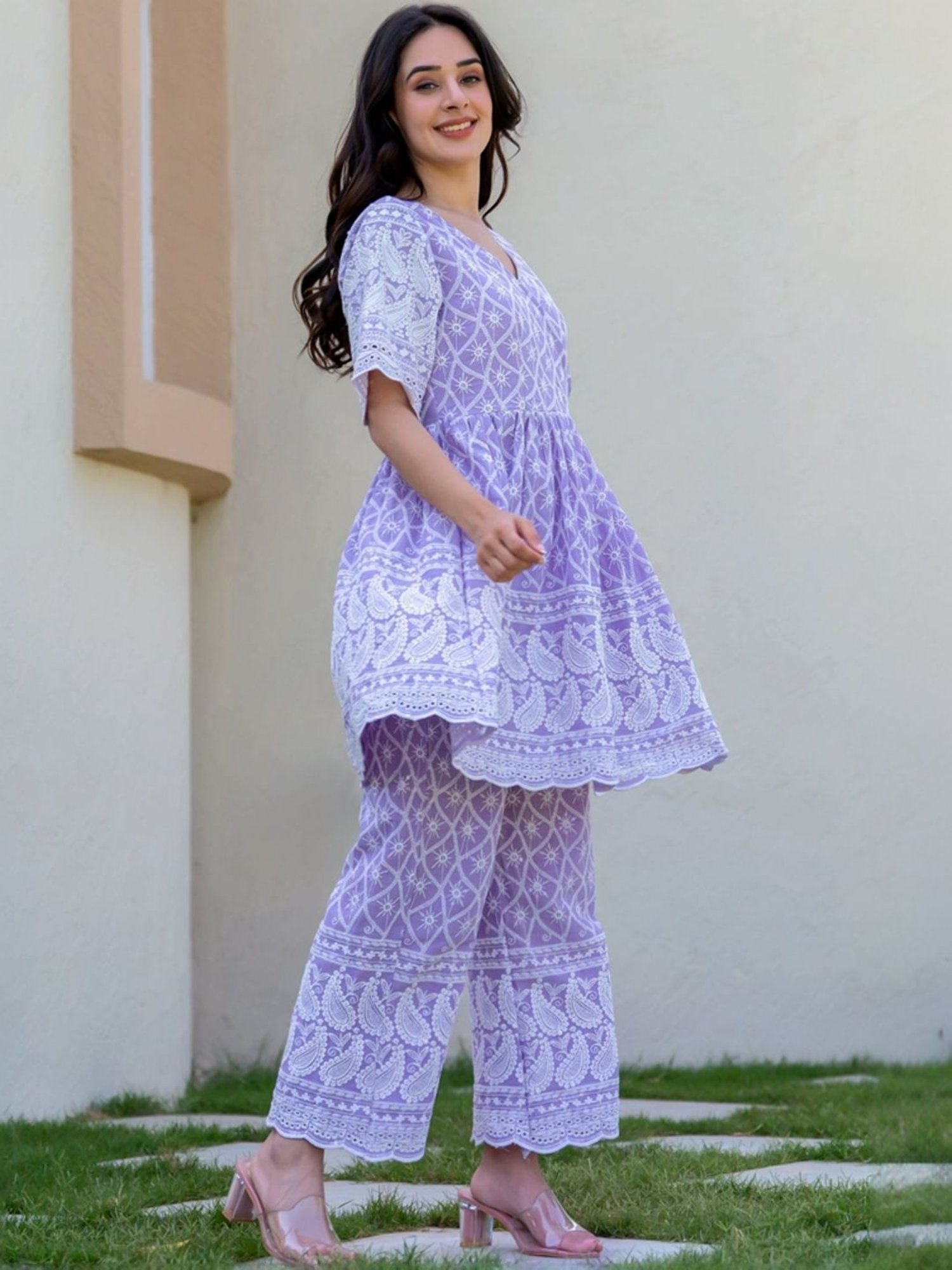 HOUSE OF JAMOTI Purple Cotton Embroidered Tunic Pant Set