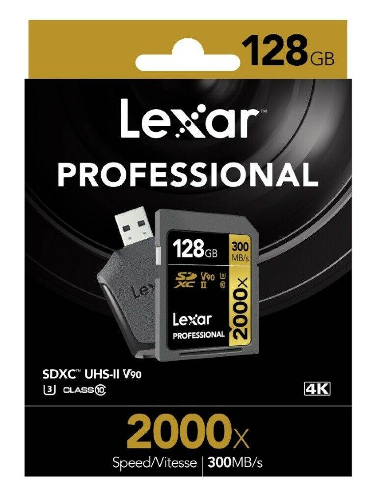 Lexar LSD128CRBANZ2000R CYU 128GB 17p SDXC 2000x r300MB/s w260MB/s Class 10 UHS-II U3 V90 4K Professional Secure Digital Extended Capacity Card w/ SD Reader Retail