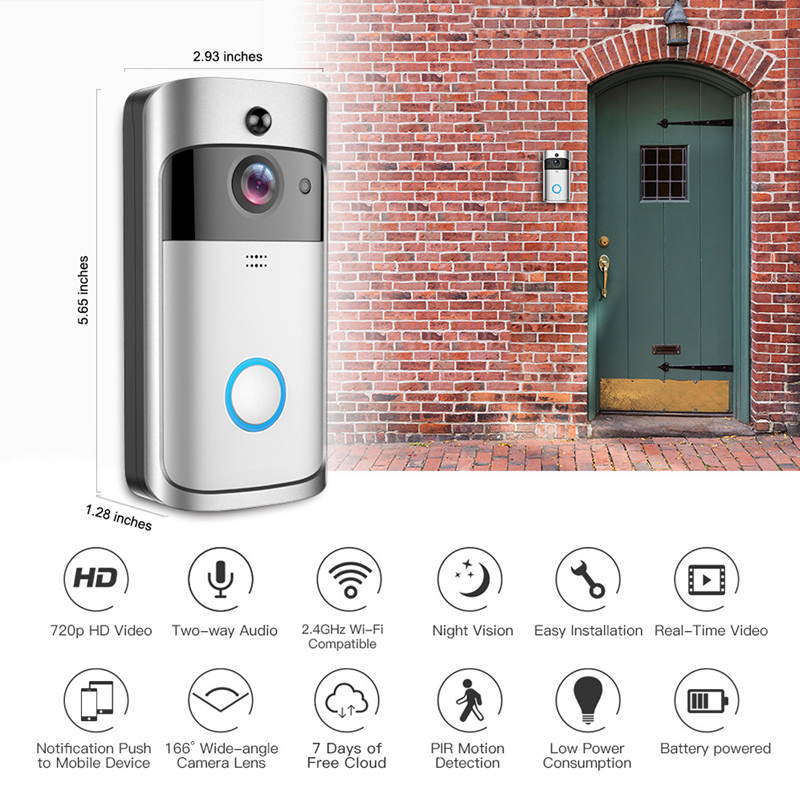Video Doorbell Camera, Wi-Fi with Smart PIR Motion Detection, Wide Angle, Night Vision, Real-Time Notification, Two-Way Talk