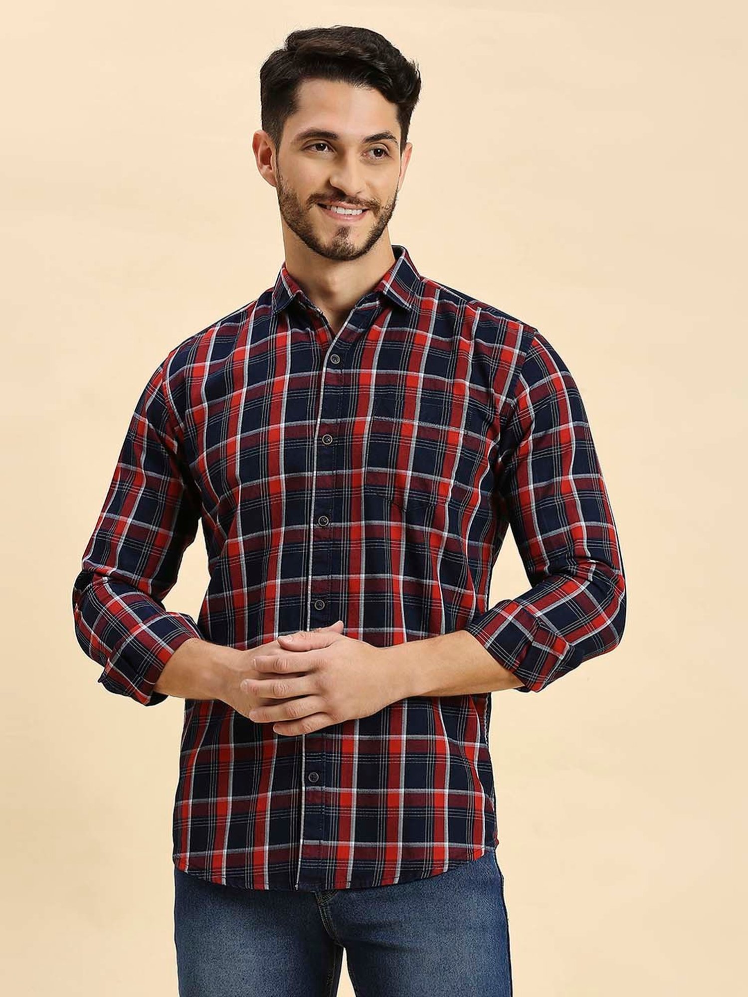 HJ HASASI Navy Slim Fit Check Cotton Shirt