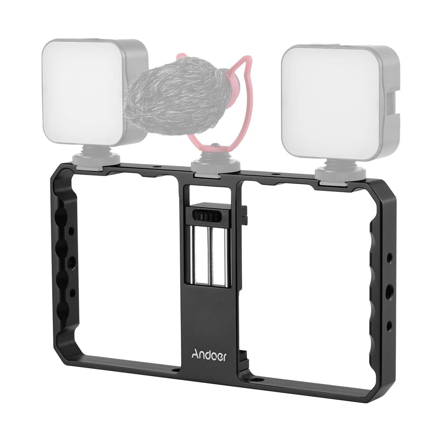 Andoer Smartphone Video Rig Cage Vlog Grip with Phone Clamp Triple Cold Shoe 1/4 3/8 Thread for Vlog Film-making Compatible with iPhone Samsung HUAWEI