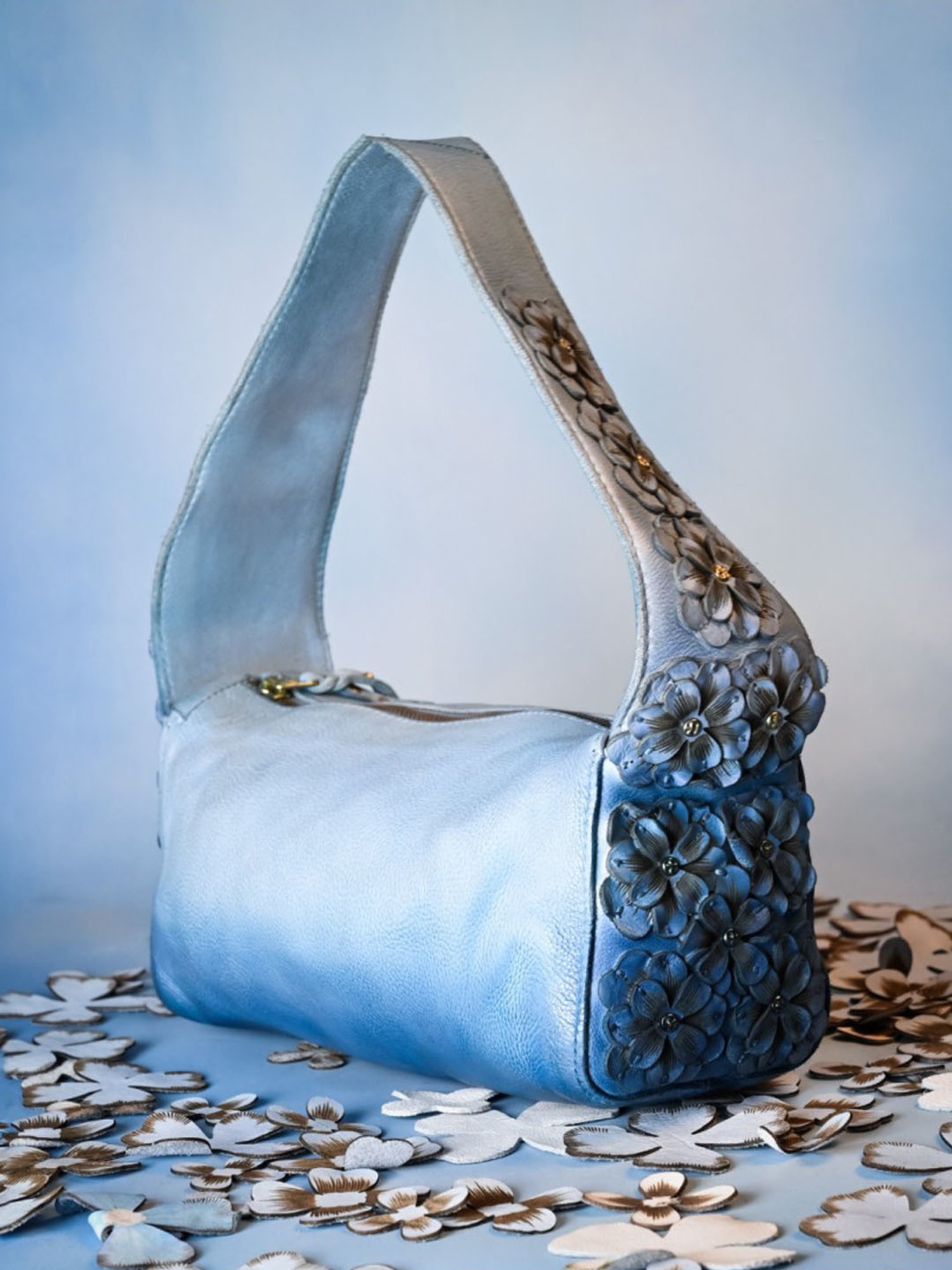 Art N Vintage Azure Aster Blue Leather Floral Medium Hobo Handbag