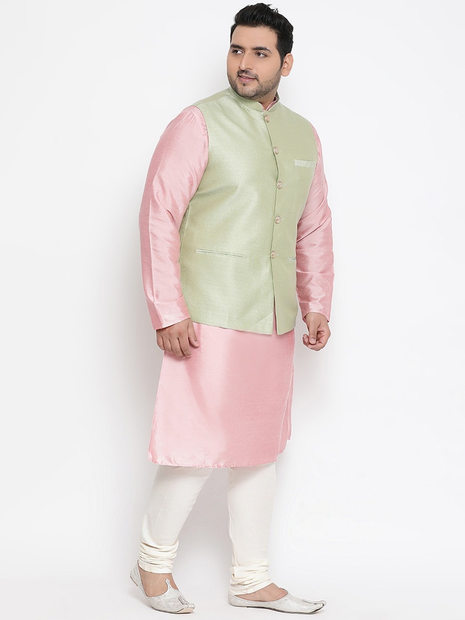 KISAH PLUS Green & Pink Regular Fit Printed Kurta Set With Jacket