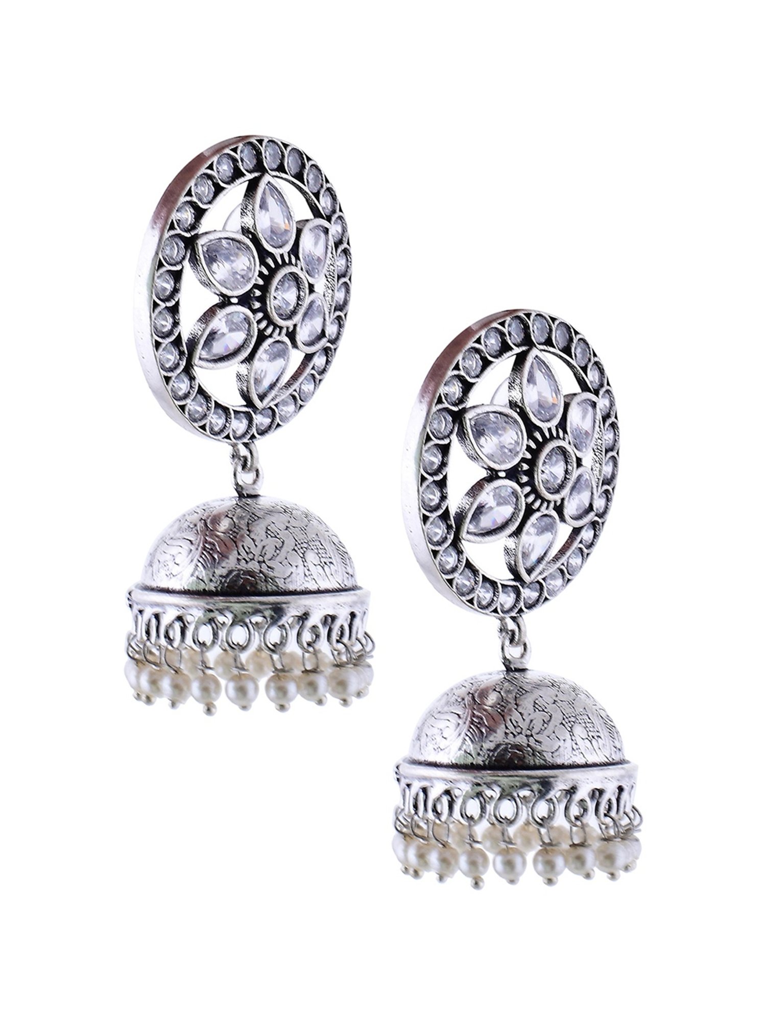 Imli Street White Silver Tone Stone-Studded Handcrafted Jhumki Earrings