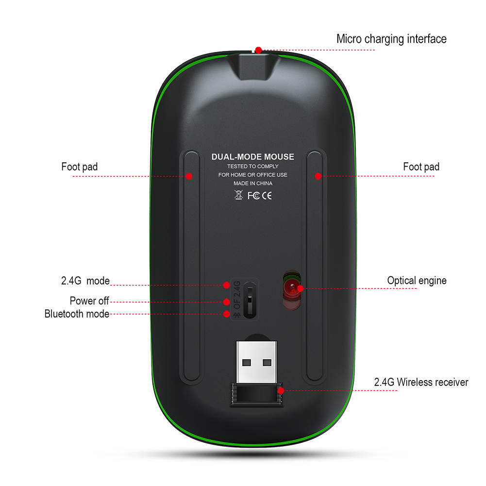 Wireless Mouse BT5.1 2.4G Dual Mode Mini Portable USB Rechargeable Colorful Glow