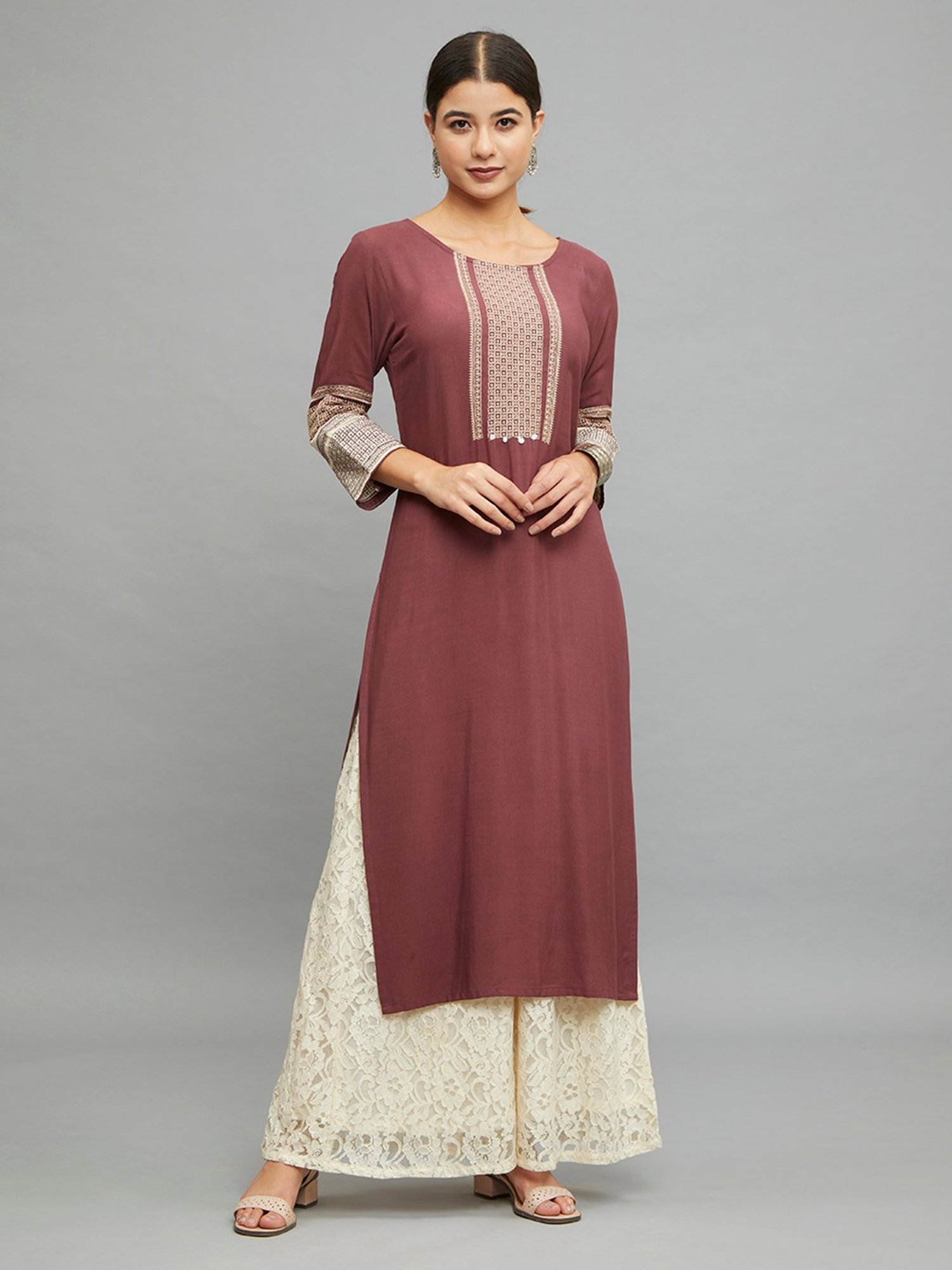 paislei Light Brown Embroidered A Line Kurta
