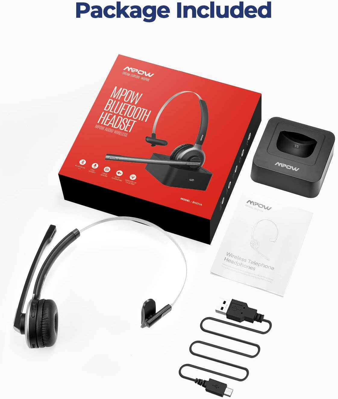 Bluetooth Headset with Microphone, Wireless Headphones for Cell Phone, Noise Canceling Headset with Charging Base for PC, Laptop, Truck Driver, Office, Call Center, Skype