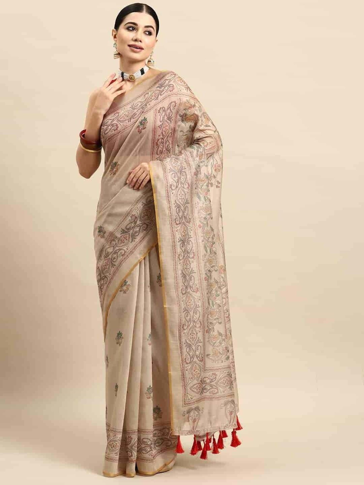 Silk Land Beige Printed Saree With Unstitched Blouse