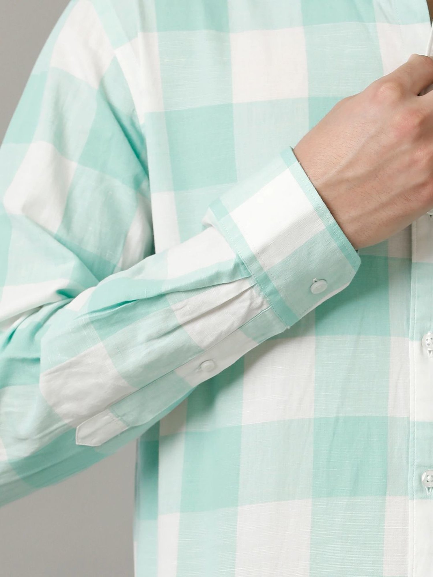 Cavallo By Linen Club Green Linen Contemporary Fit Checks Shirt