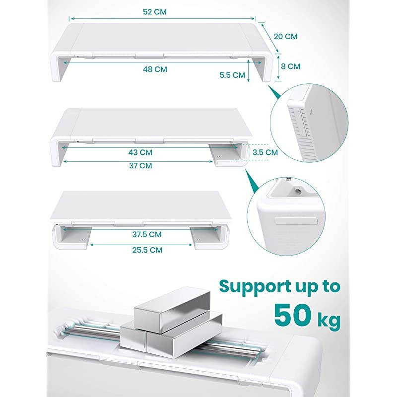 Monitor Stand Riser, Foldable Computer Monitor Stand, Adjustable Computer Stand Desk Organizer with Storage Drawer, Tablet Phone Stand for Laptop PC Printer (White)