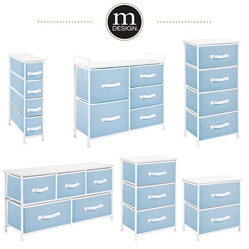 Narrow Vertical Dresser Storage Tower - Sturdy Metal Frame, Wood Top, Easy Pull Fabric Bins - Organizer Unit for Bedroom, Hallway, Entryway, Closet, 4 Drawers - Light Blue/White