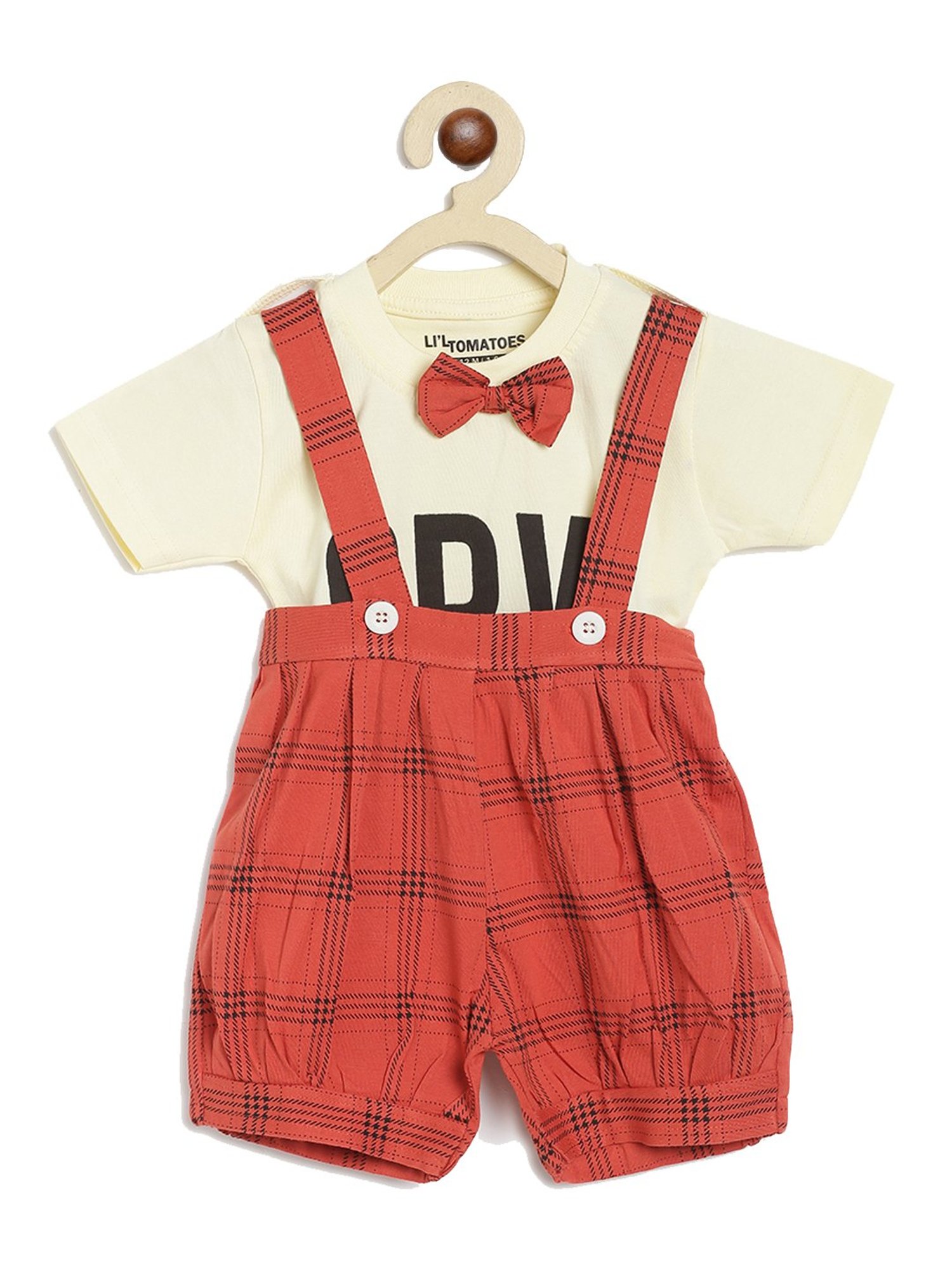 Li'l Tomatoes Kids Red & Yellow Checks T-Shirt, Dungaree with Bow