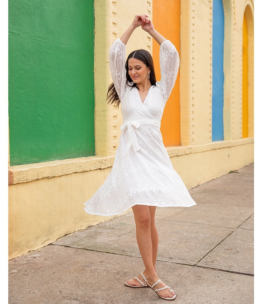 Kensie Belted Embroidered Long Sheer Sleeve Chiffon Wrap Dress