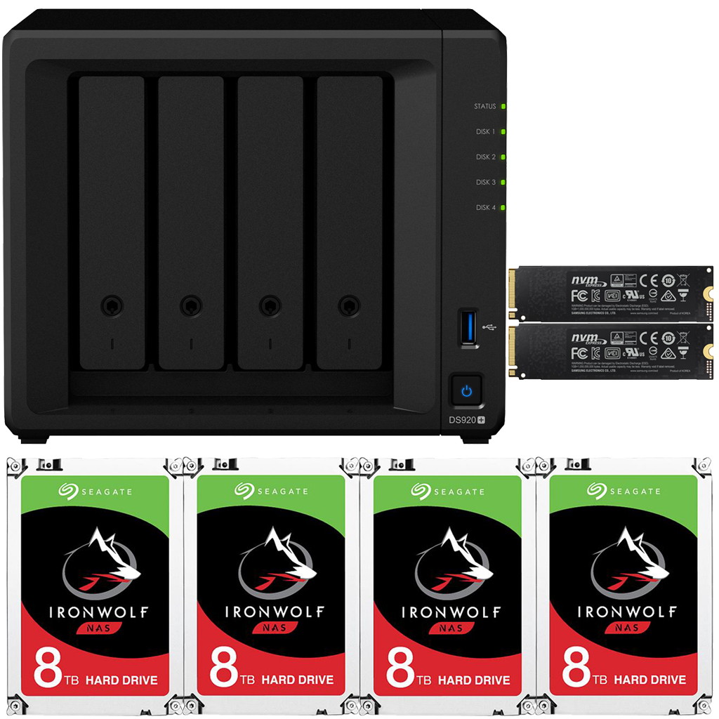 Synology DS920+ DiskStation with 4GB RAM and 24TB (4 x 6TB) of Seagate Ironwolf NAS Drives and 2TB (2x1TB) NVMe Cache Fully Assembled and Tested By CustomTechSales