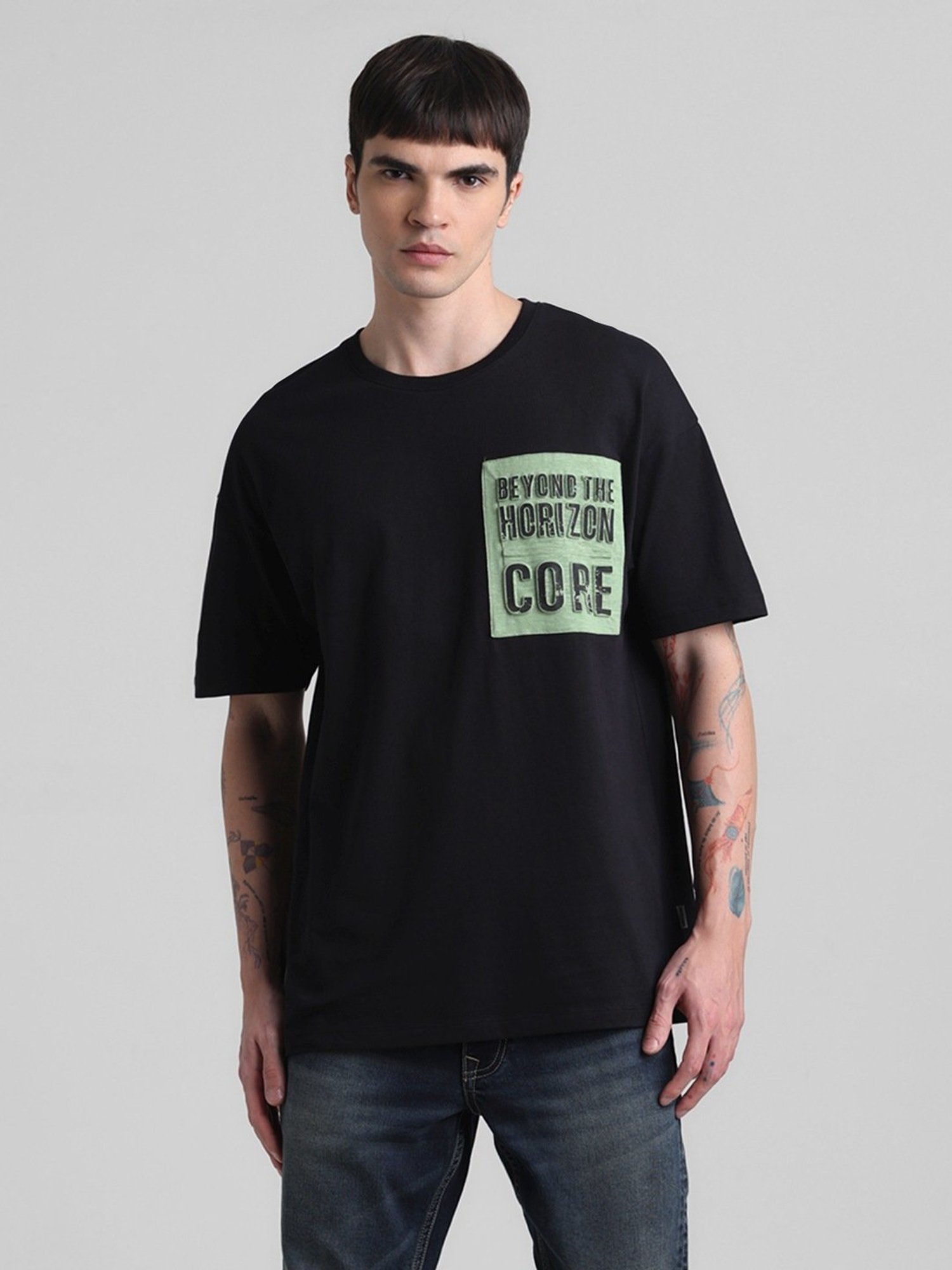 Jack & Jones Jet Black Cotton Boxy Fit Printed T-Shirt