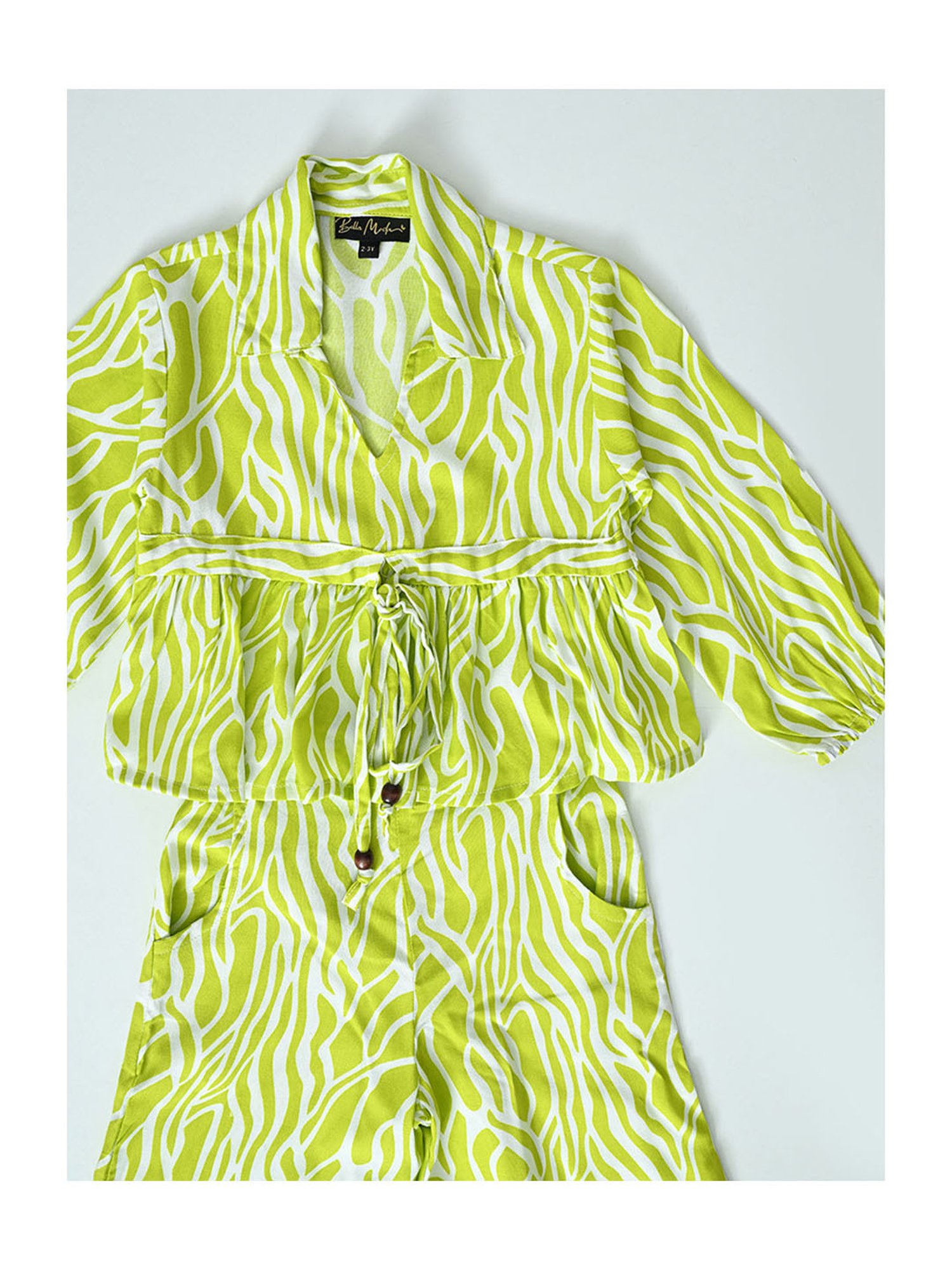 Bella Moda Girls Green & White Printed Full Sleeves Top with Trousers