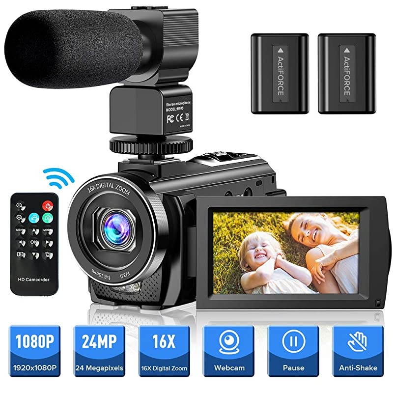 Camera Camcorder YouTube Vlogging Camera FHD 1080P 30FPS 24MP 16X Digital Zoom 3" LCD 270 Degrees Rotatable Screen Digital Camera Recorder with Microphone,Remote Control,2 Batteries
