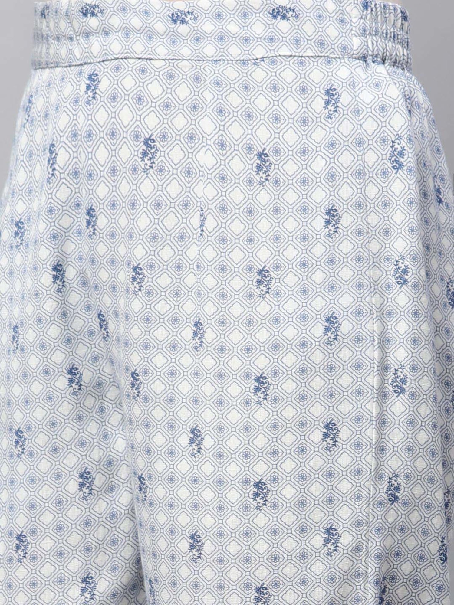 Linen Club Woman Off-White & Blue Linen Printed Pants