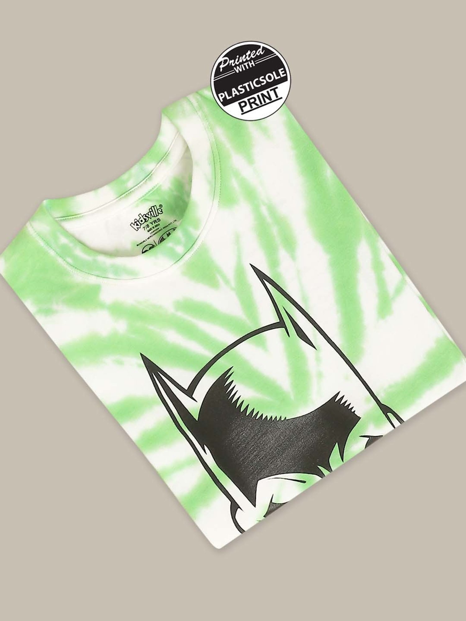 Kidsville Green & White Cotton Printed Batman T-Shirt