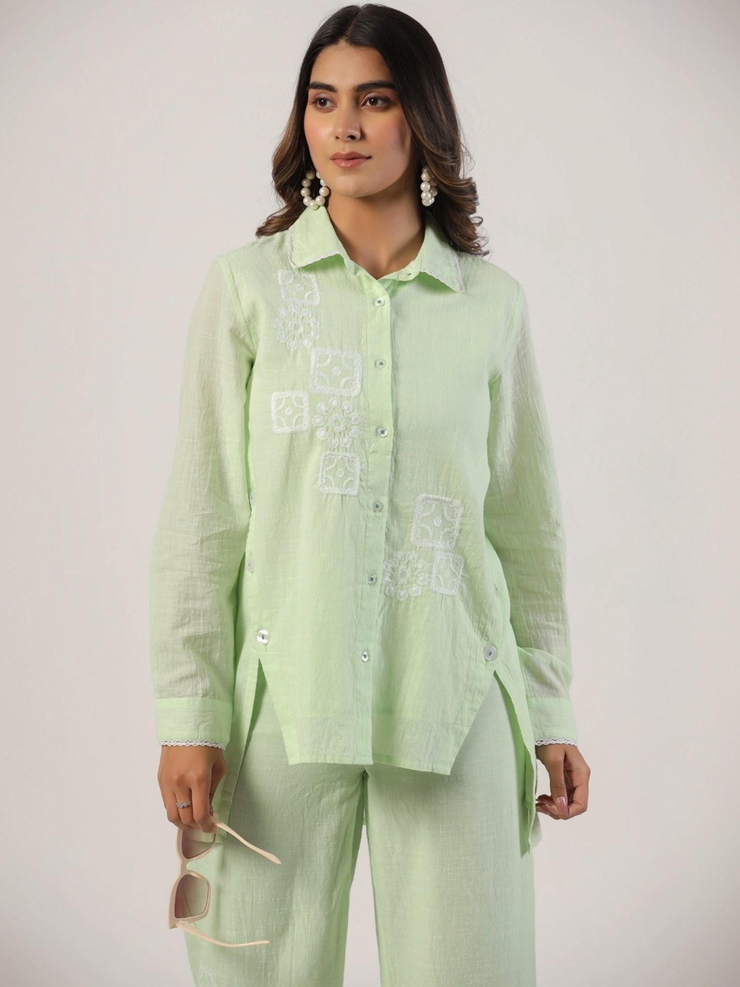 Zolo Label Pista Green Cotton Embroidered Shirt Palazzo Set