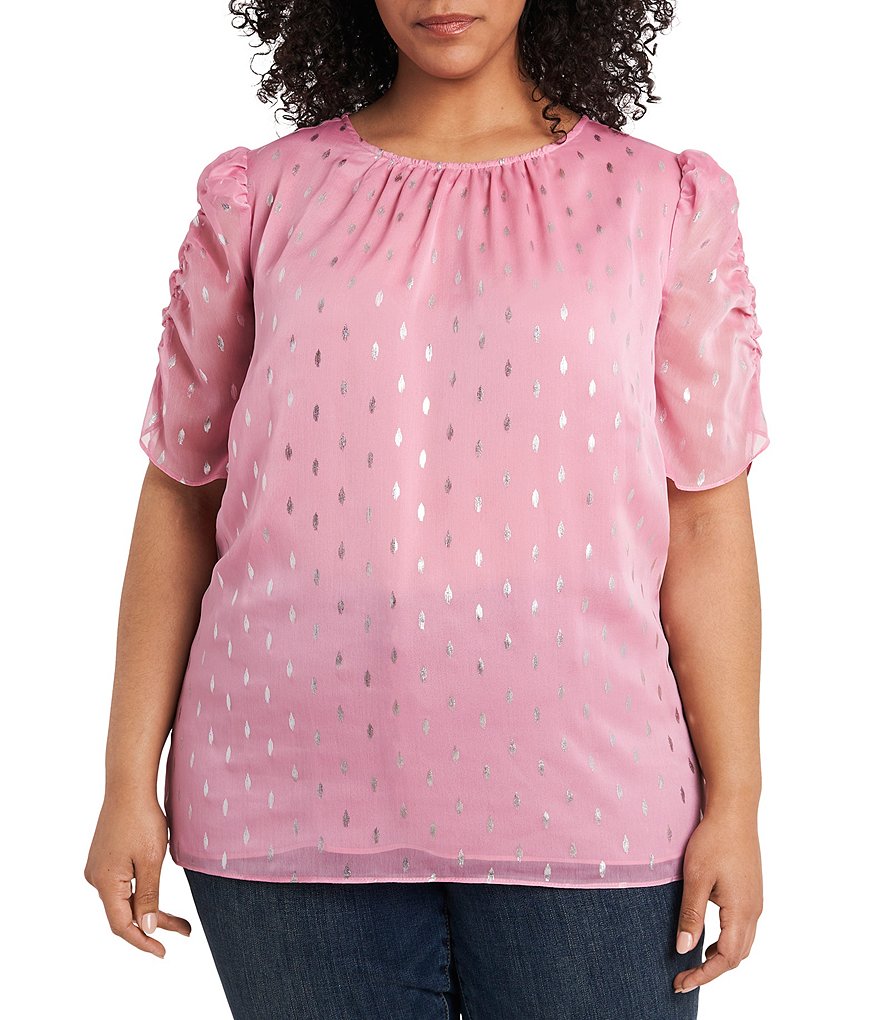 1. STATE Plus Size Round Neck Puff Short Sleeve Metallic Foil Blouse