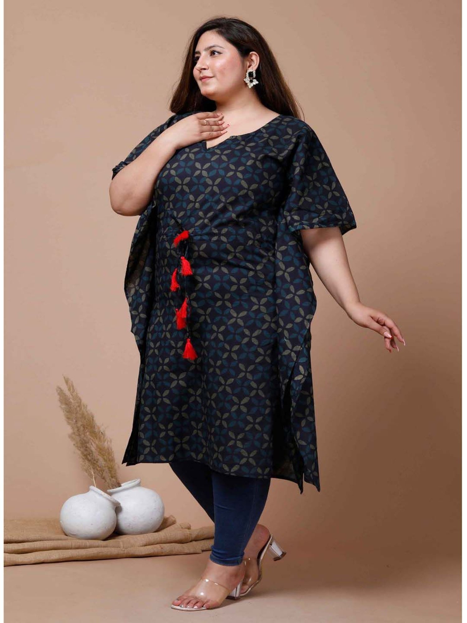 Miravan Blue Cotton Printed A Line Kaftan