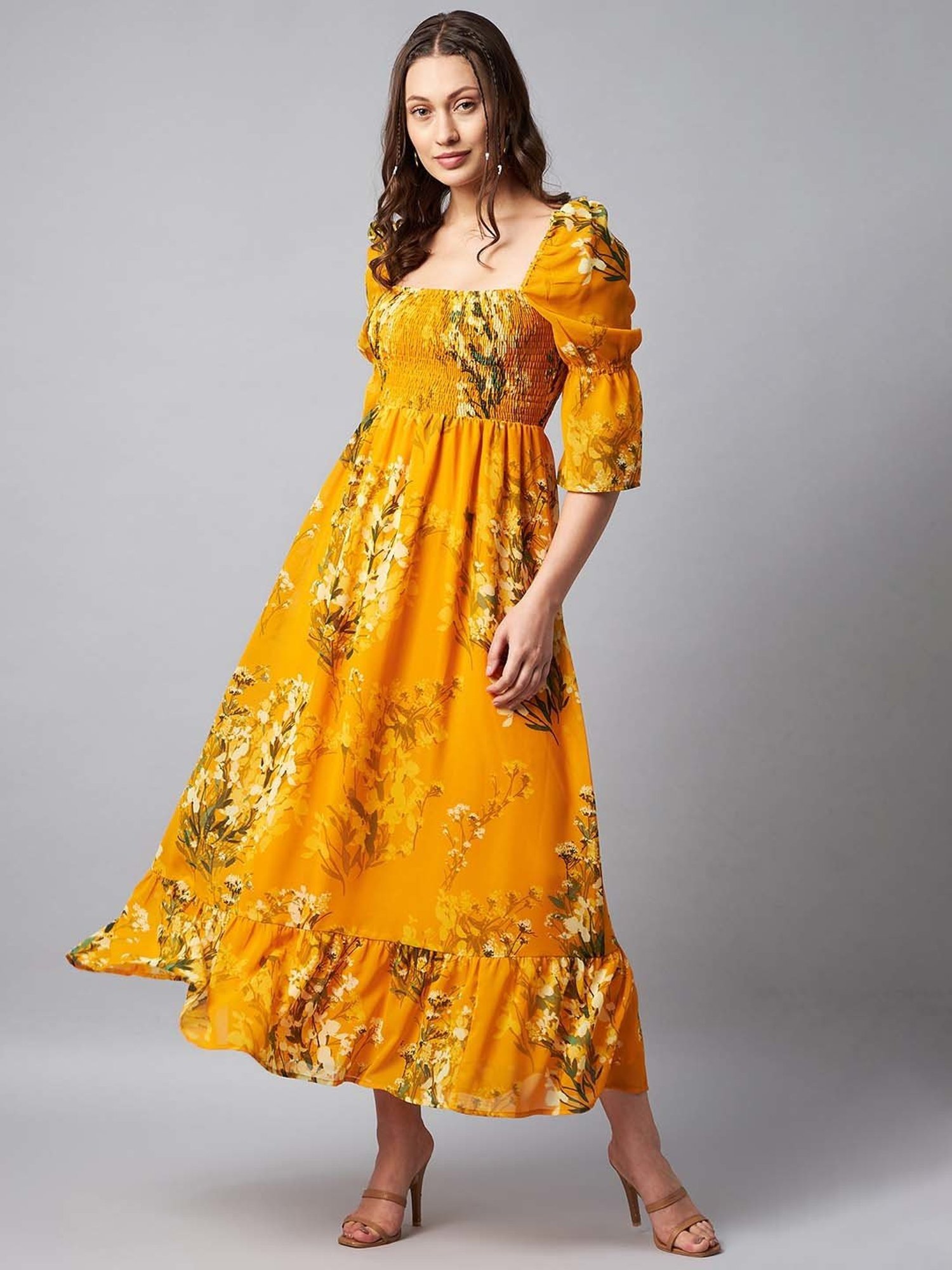 StyleStone Yellow Floral Print Maxi Fit & Flare Dress