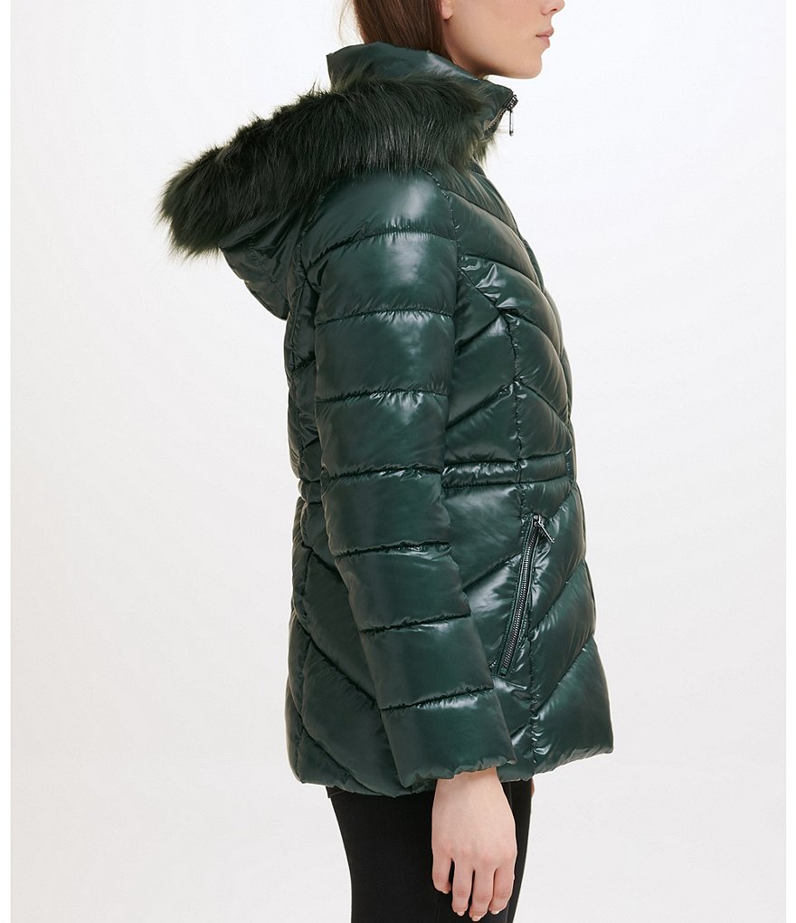Kenneth Cole New York Water Resistant Faux Fur Trim Stand Collar Hooded Chevron Quilted Puffer Jacket