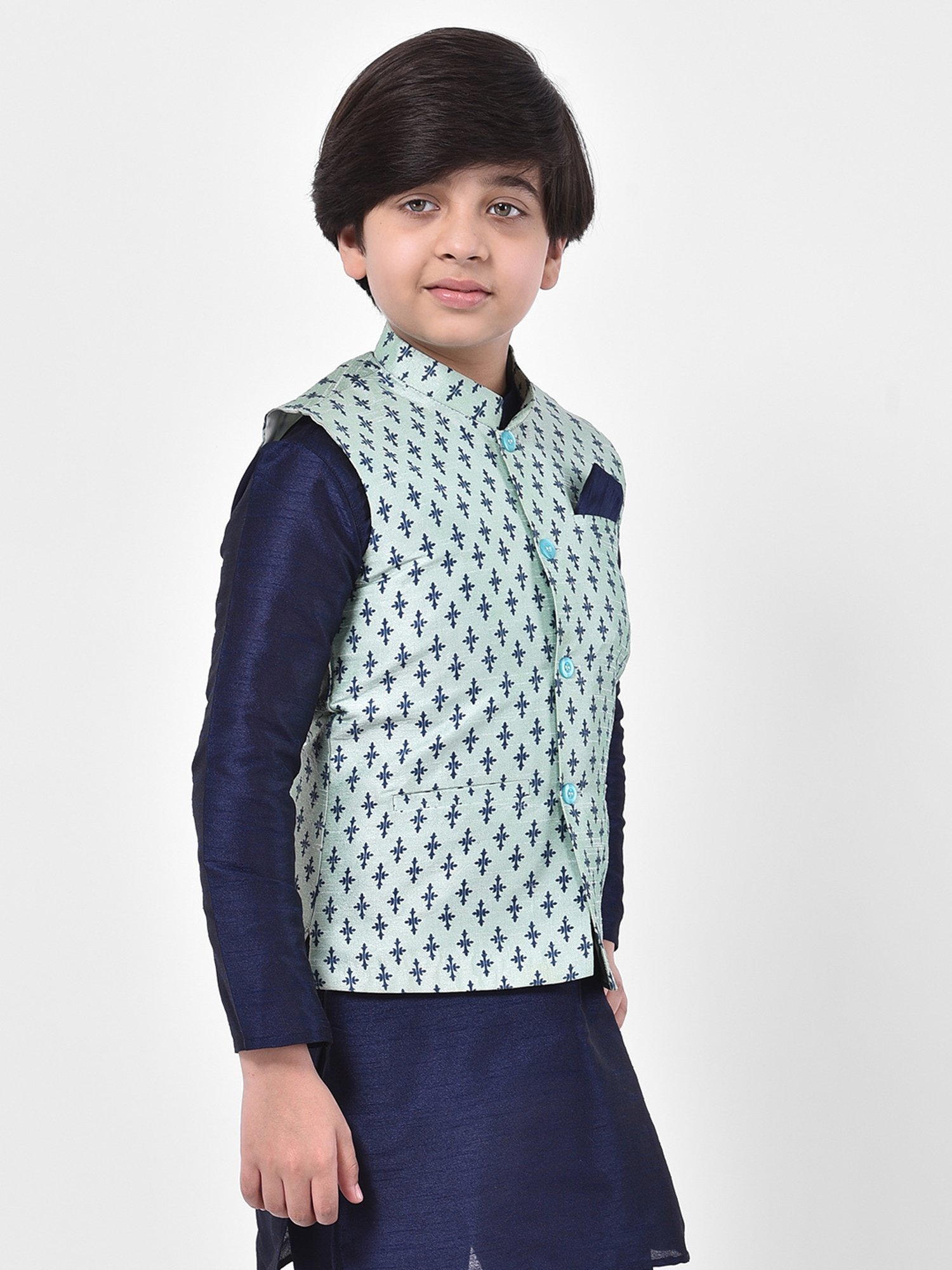 Deyann Kids Blue Printed Nehru Jacket
