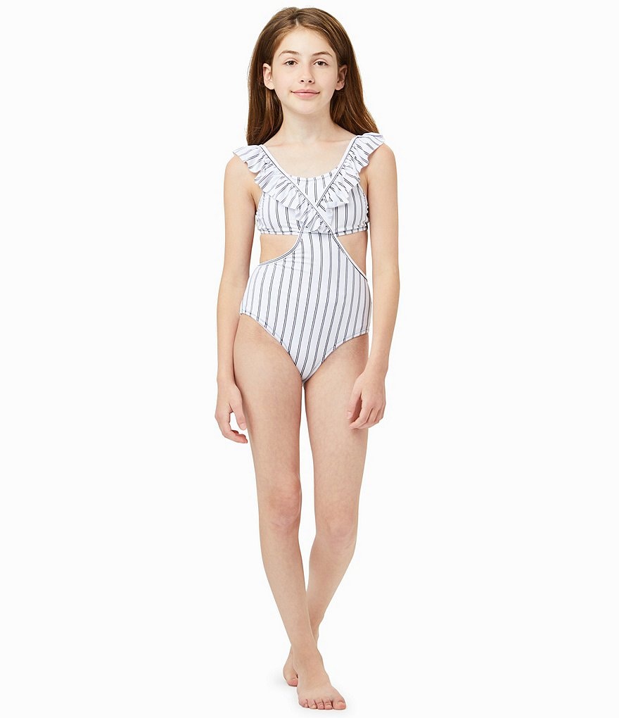 Habitual Big Girls 7-16 Ruffle-Detail Striped Monokini Swimsuit
