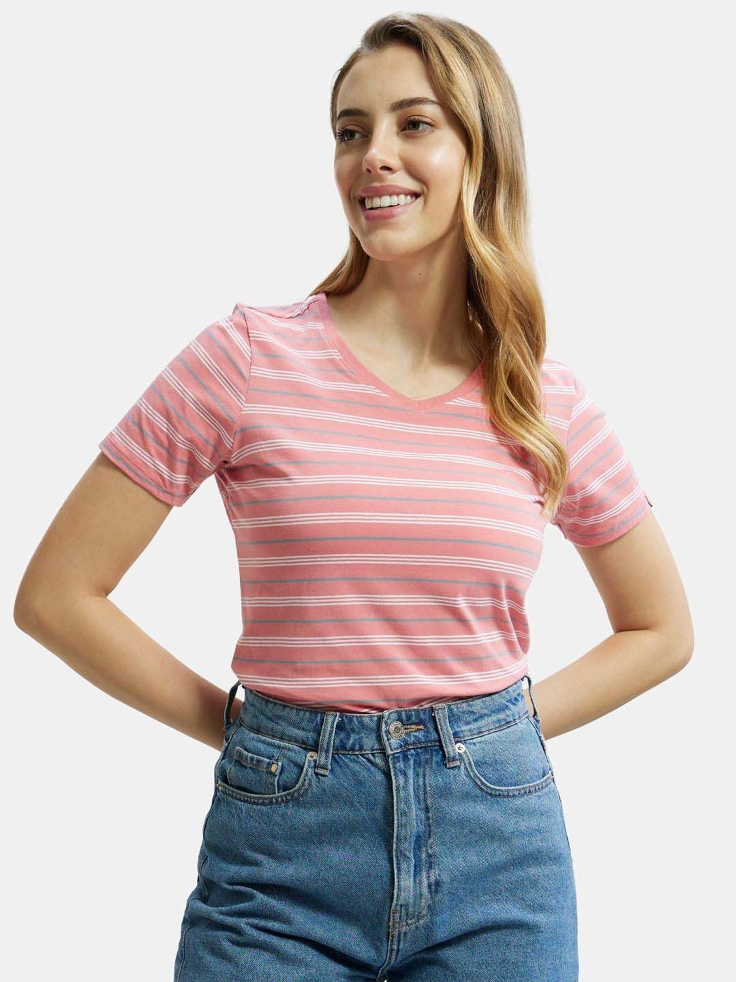 Jockey AW22 Women's Super Combed Cotton Elastane Regular Fit Striped V Neck Half Sleeve T-Shirt
