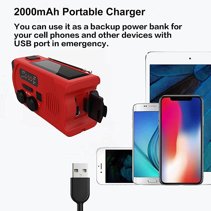 Emergency Radio,2000mAh Hand Crank Solar Weather Radio, NOAA/AM/FM Portable Radio with LED Flashlight&Reading Lamp, USB Cell Phone Power Charger, SOS Alarm for Home, Camping&Survival