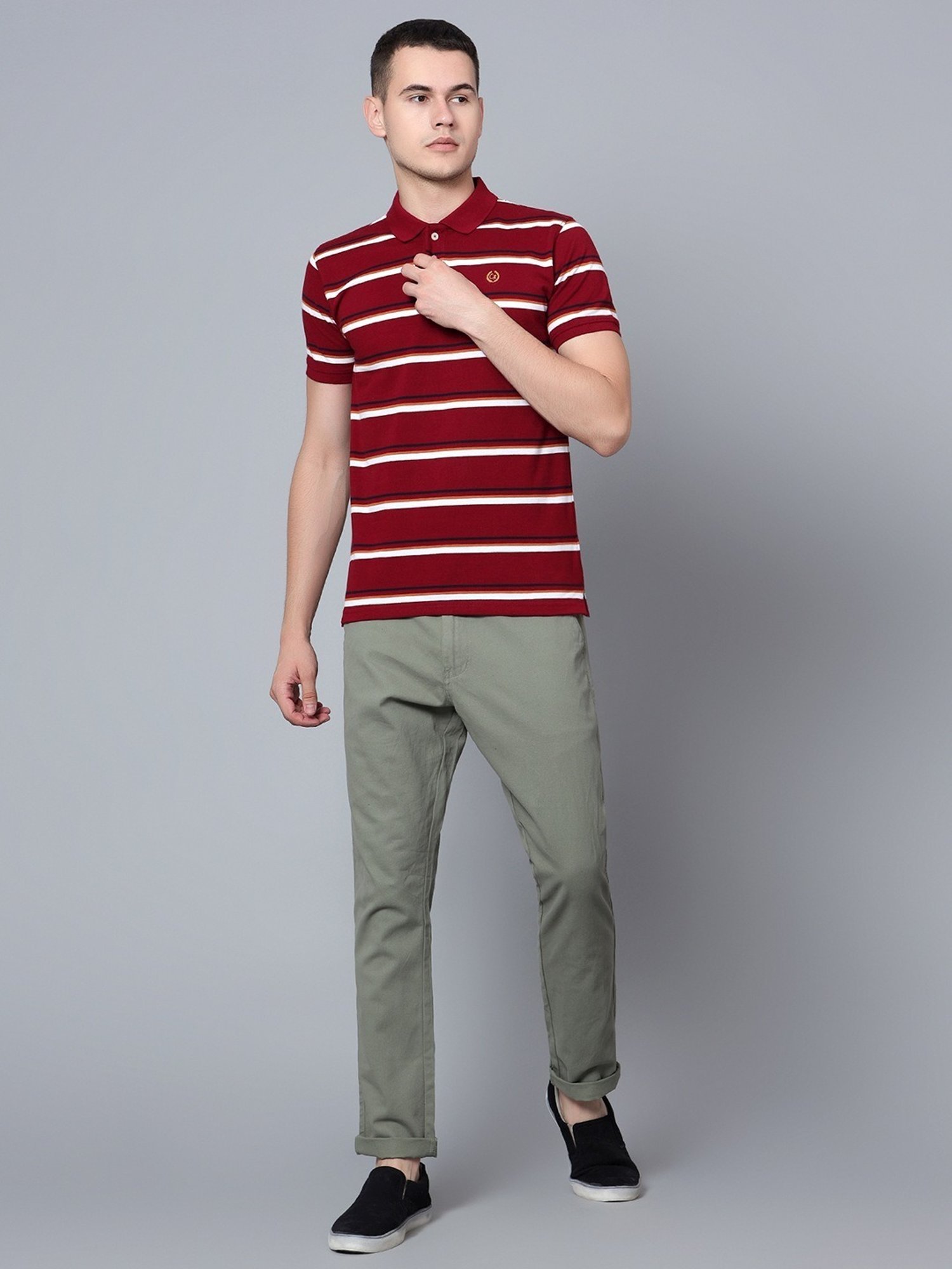 Cantabil Maroon Cotton Regular Fit Striped Polo T-Shirt