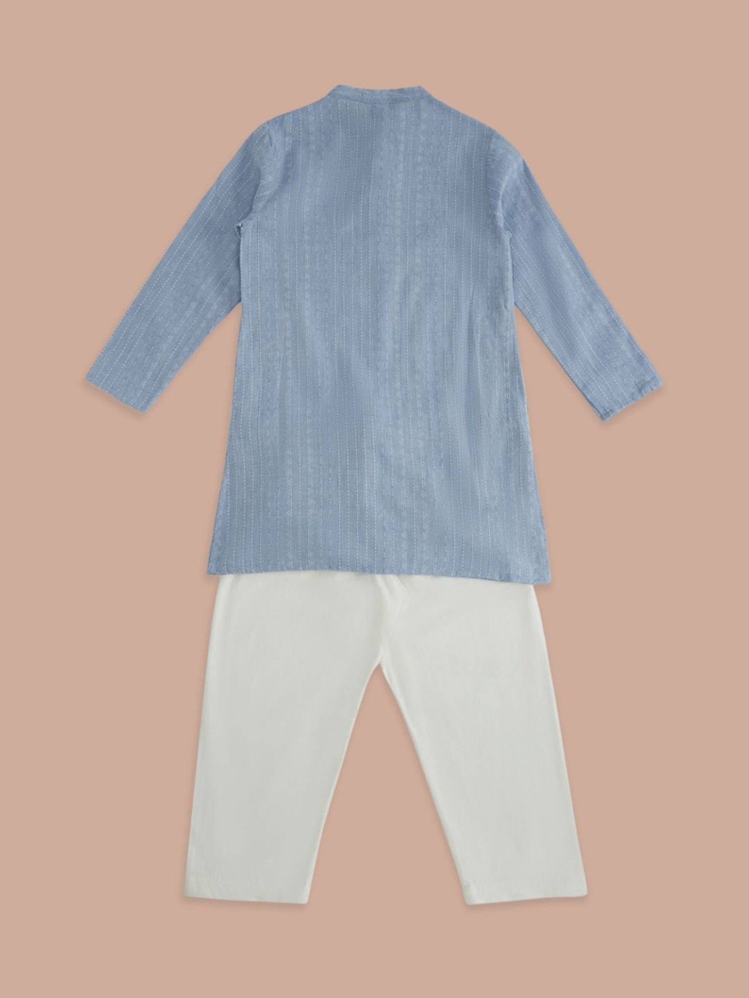 Indus Route by Pantaloons Kids Blue & White Cotton Self Pattern Full Sleeves Kurta Set