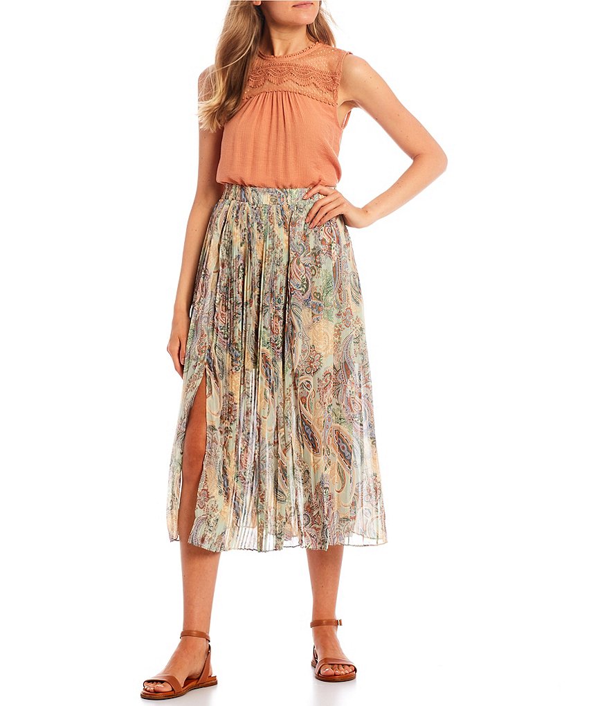 Blu Pepper Paisley Print High Rise Pleated Side Slit Midi Skirt