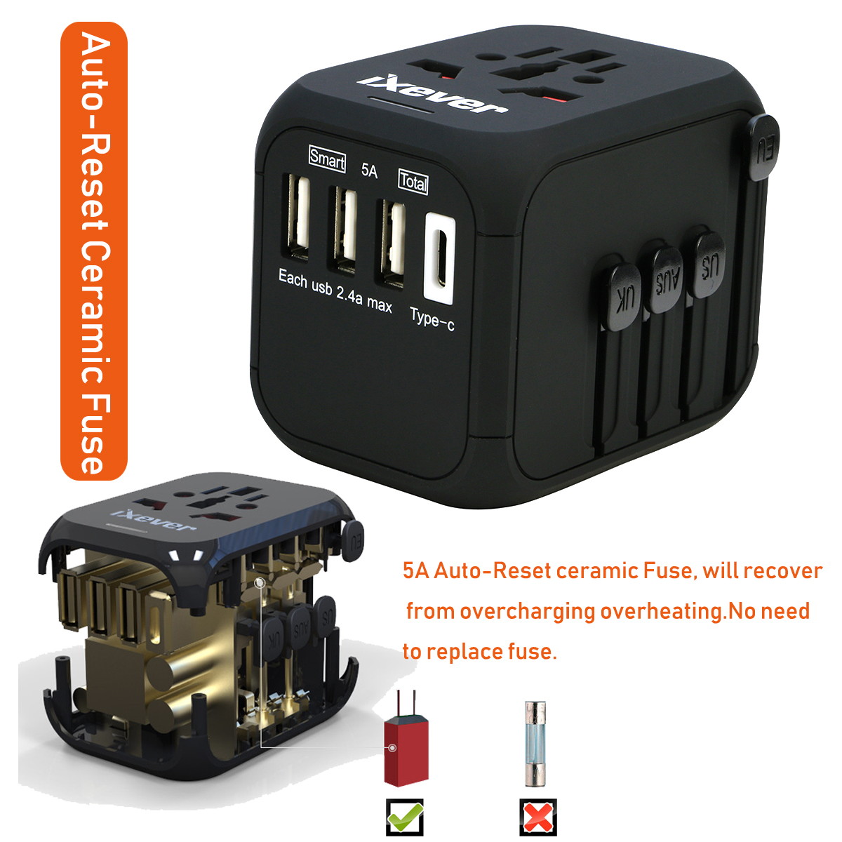 Power Adapter Travel Plug 4 USB Charger Ports Universal for 150 Countries with 3x USB Type A + USB Type C for UK Japan China EU Europe European