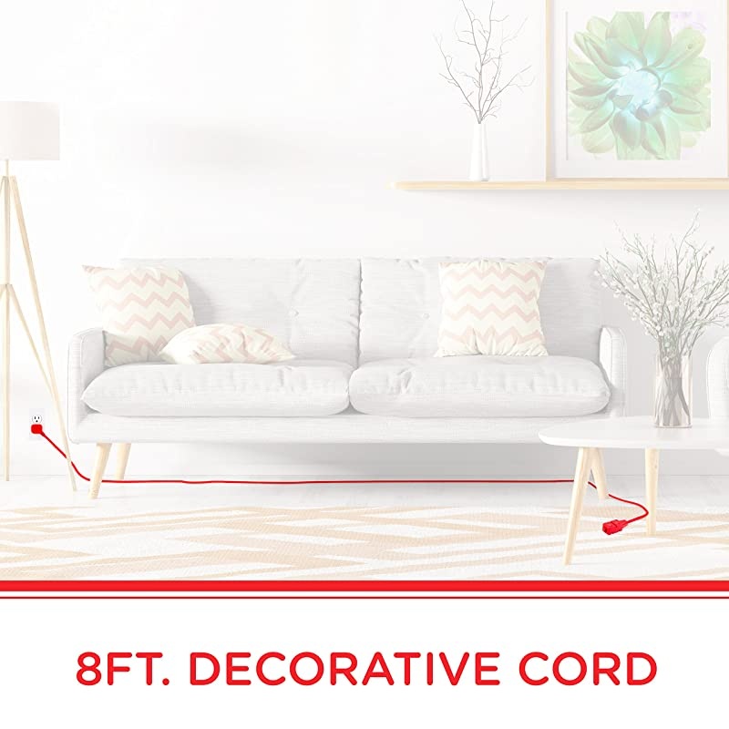 Bright Red, Designer 3-Outlet Extension Cord, 8 Ft Braided Cable, 2-Prong Power Strip, Slide-to-Lock Safety, Low-Profile Flat Plug, Polarized, ETL Listed, 39985-T1, 8 ft, 8 Ft