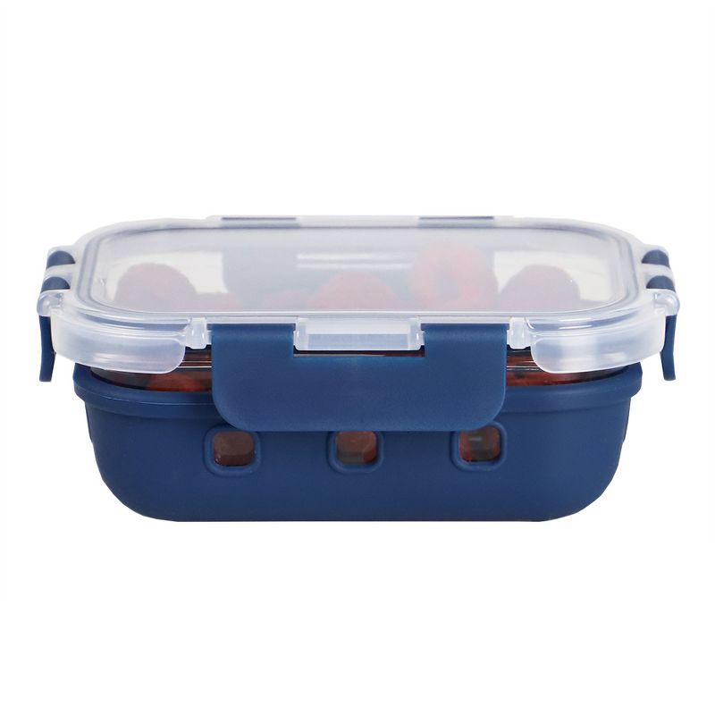 Michael Graves Design Rectangle Small 12 Ounce High Borosilicate Glass Food Storage Container with Plastic Lid, Indigo