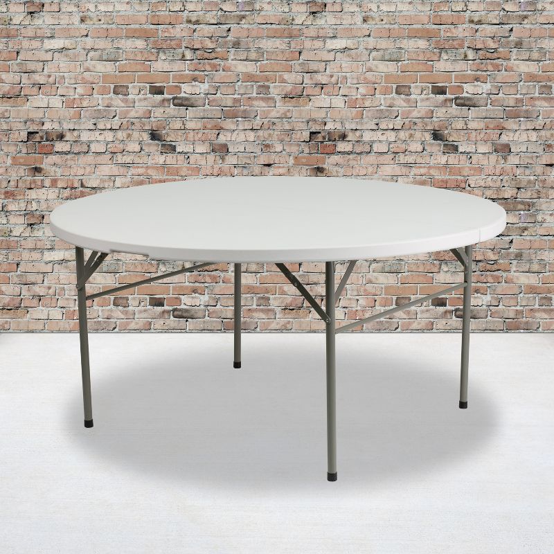 Emma and Oliver 5-Foot Round Bi-Fold Granite White Plastic Folding Table with Carrying Handle
