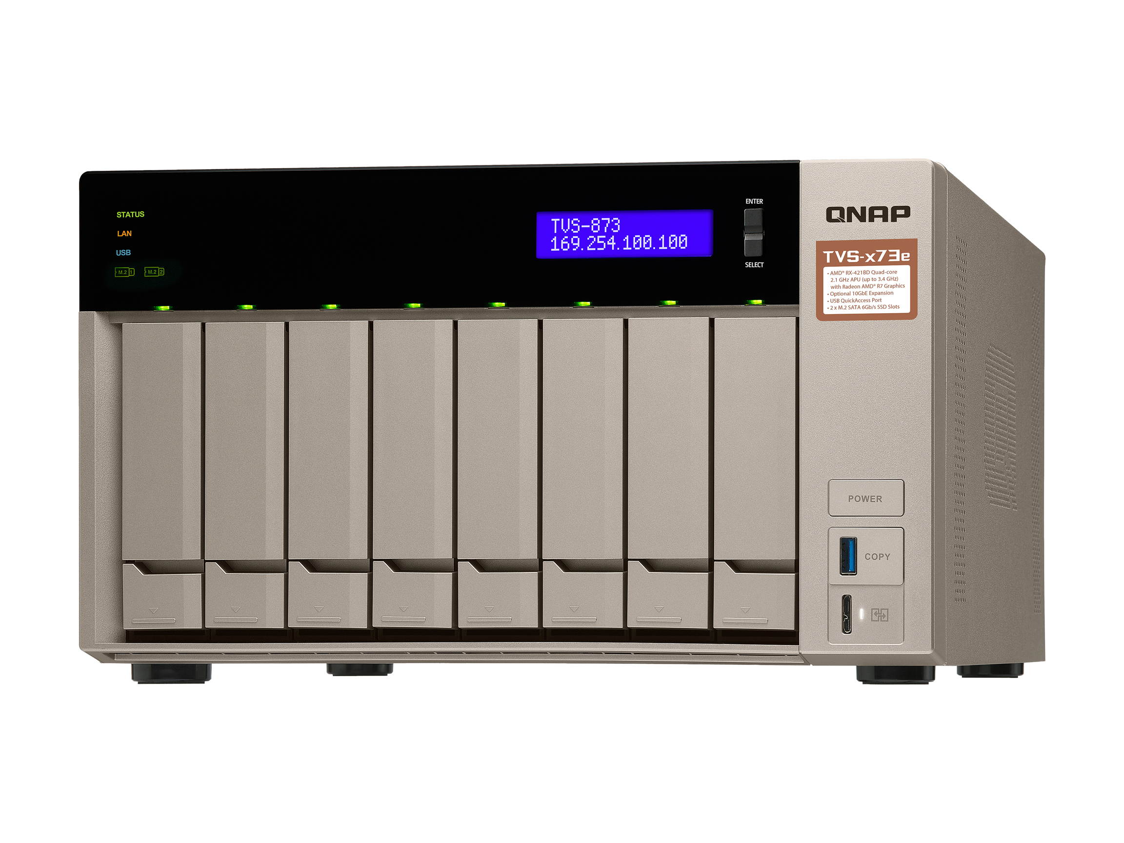 Qnap 8-bay NAS/iSCSI IP-SAN, AMD R series Quad-core 2.1GHz, 8GB RAM, 10G-ready (TVS-873e-8G-US)