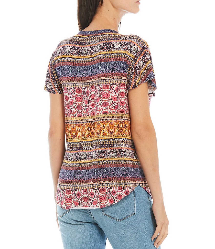 One World Apparel Multi Geo Print Slub Knit V-Neck Flutter Sleeve Drop Shoulder Top