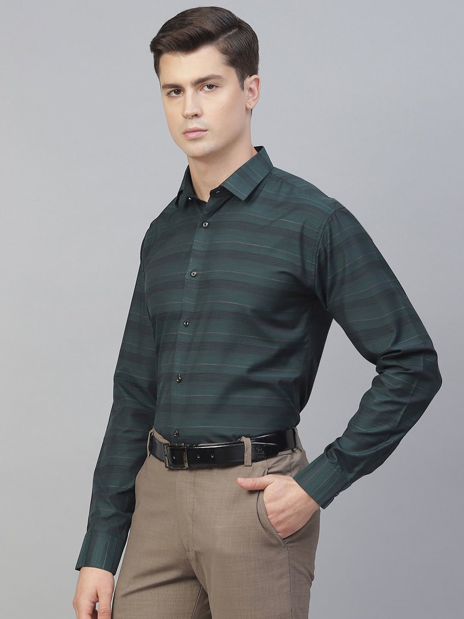 ManQ Green Regular Fit Striped Shirt