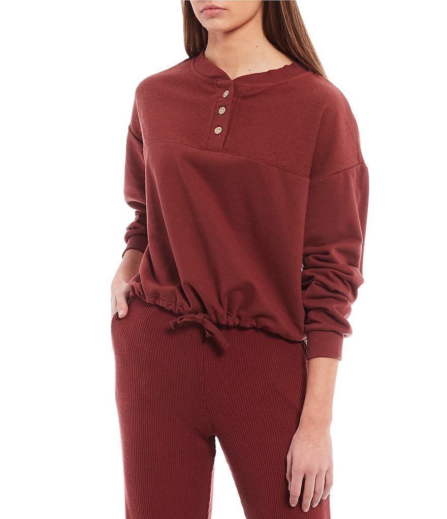 Roxy Coordinating Long-Sleeve Riding The Tides Partial Button-Front Knit Crop Top