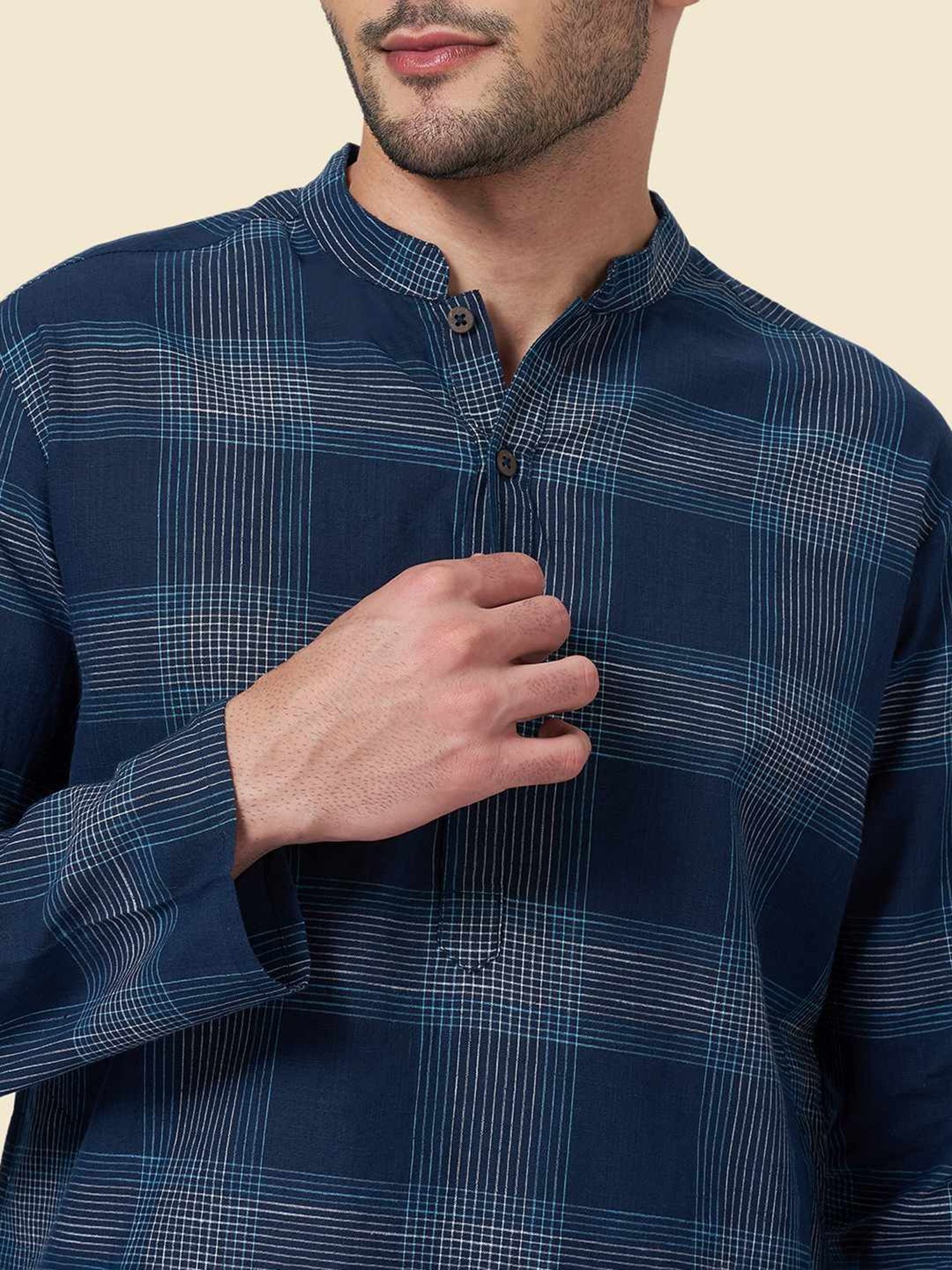 Indus Route by Pantaloons Indigo Blue Cotton Regular Fit Checks Kurta