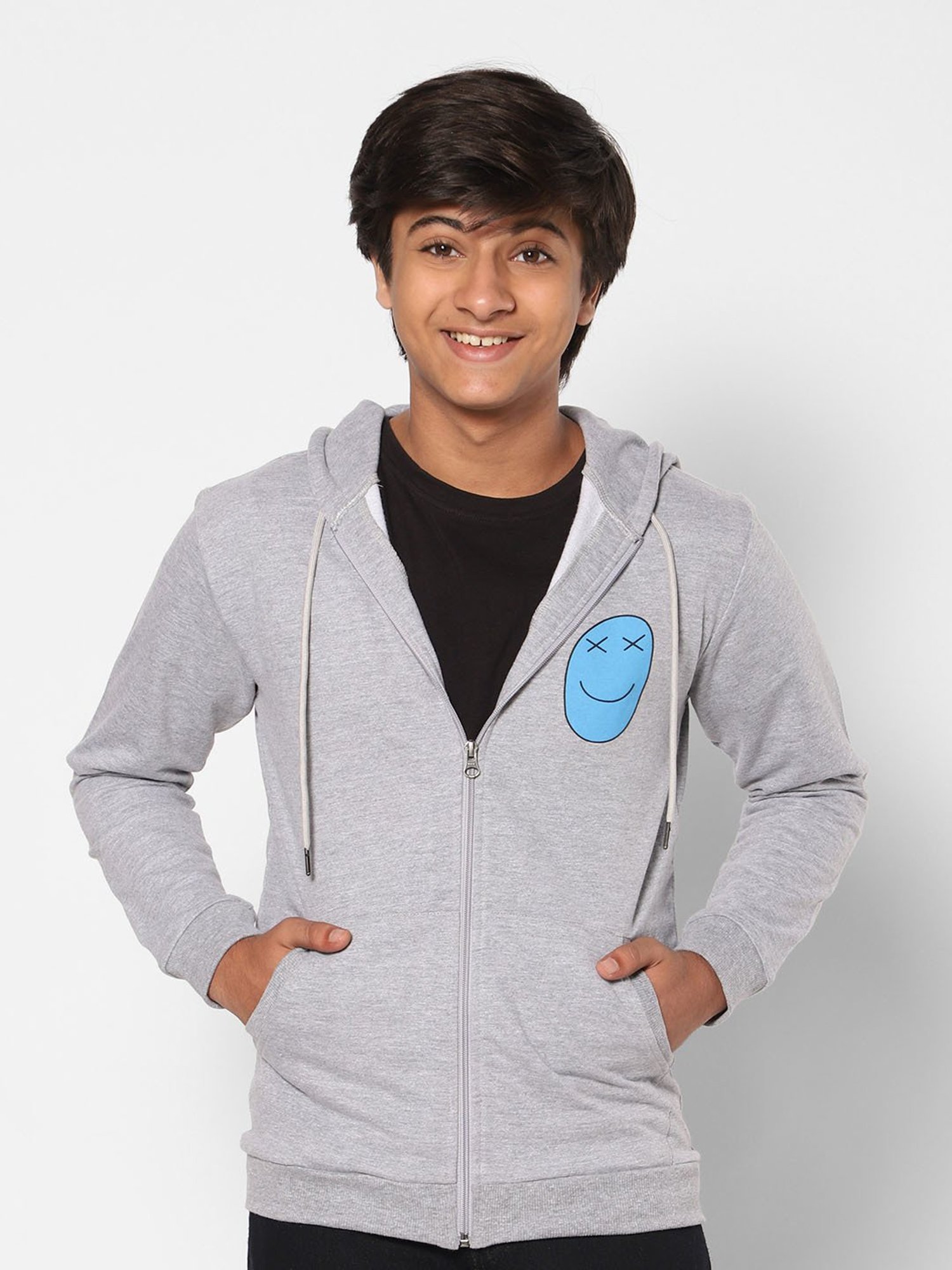 TeenTrums Boys Grey Textured Full Sleeves Hoodie